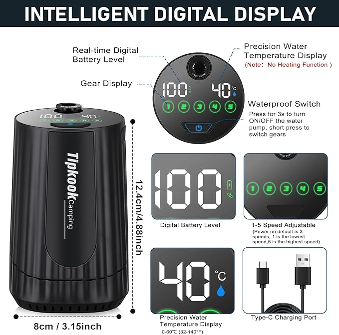 Portable Shower for Camping Essentials: 10000mAh Rechargeable Battery Powered Shower, IPX8 Waterproof Camp Shower Pump, 5-Speed Outdoor Shower with LED Display, Camping Gifts for Men, Dog Bath, Hiking
