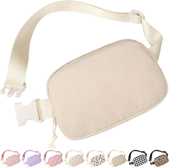 Vankor Beige Fanny Packs for Women Corduroy, Cute Beige Belt Bag for Women Crossbody Stylish Waist Pack Purse for Travel, Hiking, Workout, Running