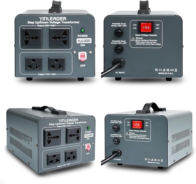 Yinleader Voltage Converter Transformer 3000w Step Up/Down Power Converter 110-120V to 220-240V/220-240V to 110-120V, with 2 US & 2 Universal Outlets, Circuit Breaker Protection (Grey)