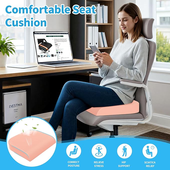 TranquilRelax Large Seat Cushion, Memory Foam Cushion for Long Sitting Hours on Office Chair, Home & Car, Non-Slip Chair Pad for Relieving Back & Sciatica & Hip & Coccyx Pain (Pink)