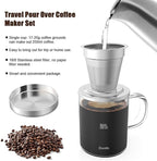 Oranlife Pour Over Coffee Maker Set for Travel/Camping/Hiking, Single Cup, Stainless Steel Coffee Filter, 14 Oz Borosilicate Glass Mug, Extra Permanent Lid and Moulded Neoprene Case, at Home/Office