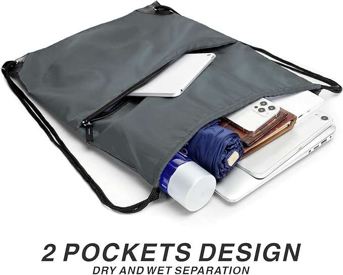 Drawstring Backpack Sports Water Resistant String Bag Sport Gym Sackpack for Women Men Large with Zipper, Grey