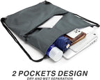 Drawstring Backpack Sports Water Resistant String Bag Sport Gym Sackpack for Women Men Large with Zipper, Grey
