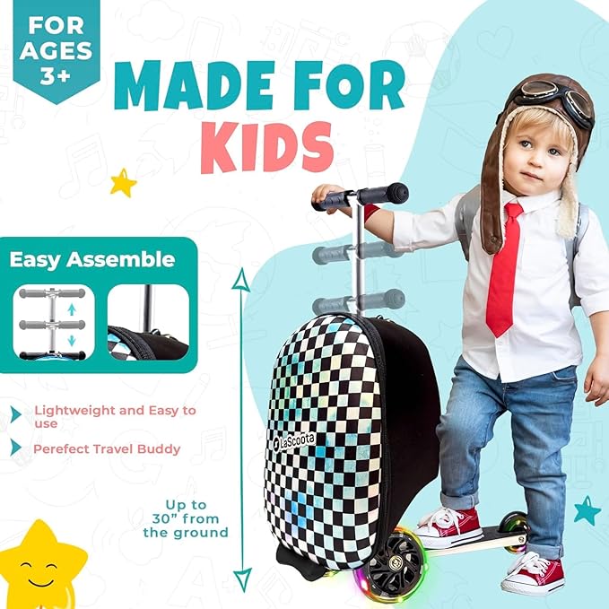 Lascoota Scooter Suitcase - Ride Suitcase for Kids - Carry Luggage & Kid Scooter - Lightweight Luggage with LED Lights - Checkered, 24 x 15 x 19 in, Unisex Child