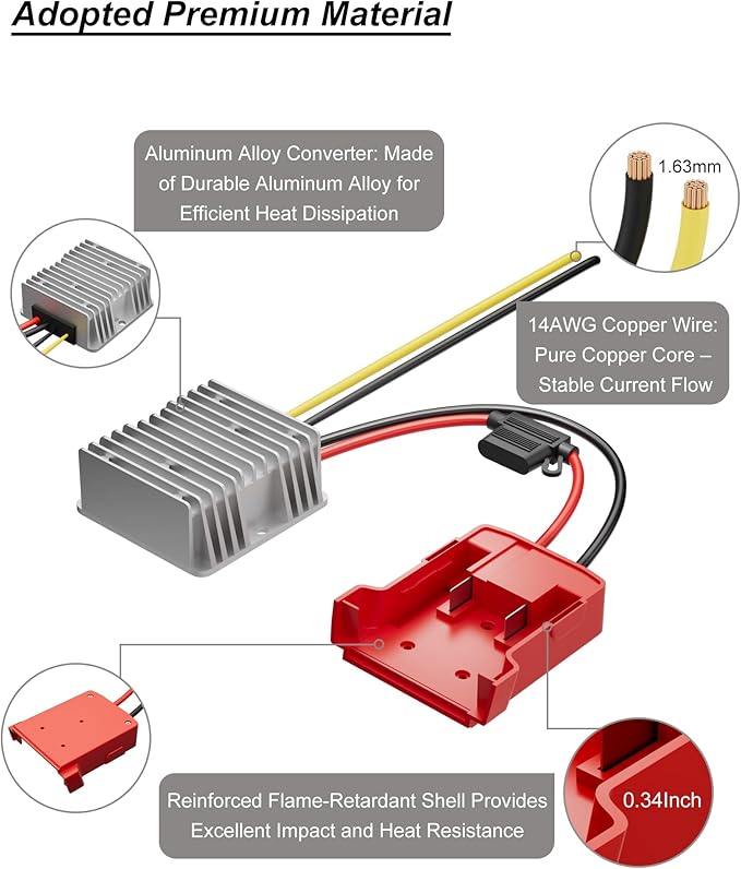 18V to 12V Step Down Converter Aadpter Compatible with Milwaukee M18 Batteries, DC 12 Voltage Battery Power Adapter, Automatic Buck Converter Regulator with Fuse for Golf Cart