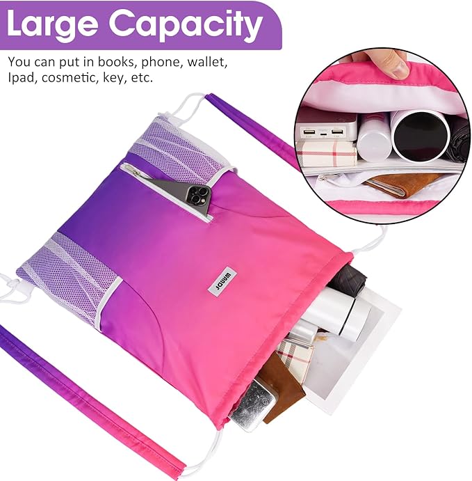 WANDF Drawstring Backpack with Shoulder Pad Sports Gym Backpack with Mesh Pocket String Bag for Women Men(Rose Gradient)