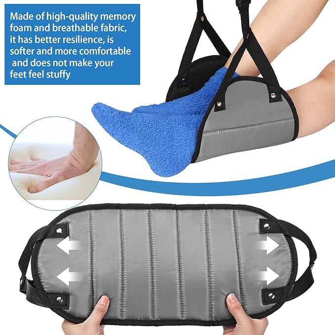 Yerliker Airplane Foot Hammock(Memory Foam) with Earplugs and Eye Mask Travel Necessities Adjustable Airplane Desk Foot Rest for Long Trip Pain and Swelling Relief(Gray)