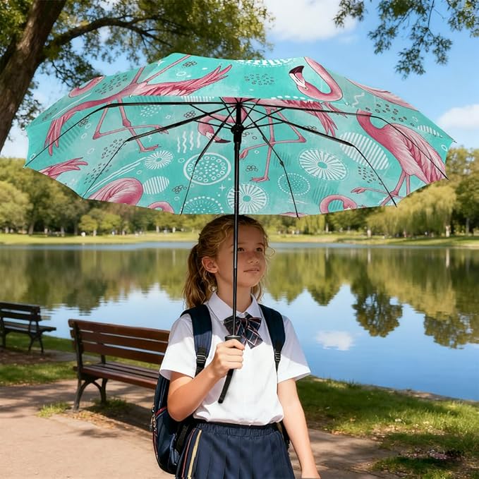 Travel Umbrella for Rain - Flamingo Windproof Compact Automatic Reverse Folding Umbrellas for Kids Women, Cute Small Auto Open Close Umbrella for Backpack, Commute, Car