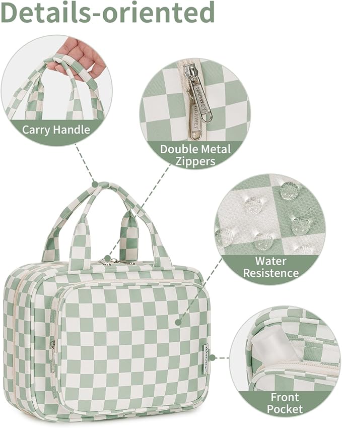 Narwey Hanging Toiletry Bag for Women Travel Checkered Makeup Bag Organizer Toiletries Bag for Travel Size Essentials, Accessories, Brushes, Cosmetics (Green Checkerboard (Medium))