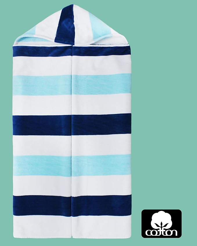 COTTON CRAFT Hooded Beach Towel – Oversized 35 x 70 Towel with Hood for Adults - 100% Cotton Velour Terry Towel - Pool Bath Wrap - Super Soft Plush Absorbent Quick Dry – 630 GSM – Cabana Stripe Blue