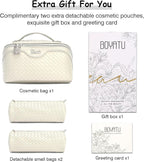 BOYATU Travel Makeup Bag Cosmetic Bags for Women: Large Capacity 3 Pcs Set Make up Bag with Compartments - Waterproof Vegan Leather Toiletry Organizer Bags with Handle (L09 Beige)