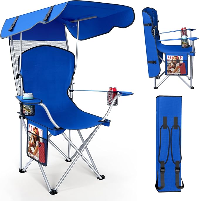 VTOY Portable Camping Chair with Canopy - Folding Chair with Canopy, Durable 600D Oxford Canopy Chair for Camping, Beach, Picnics, Fishing & Sports