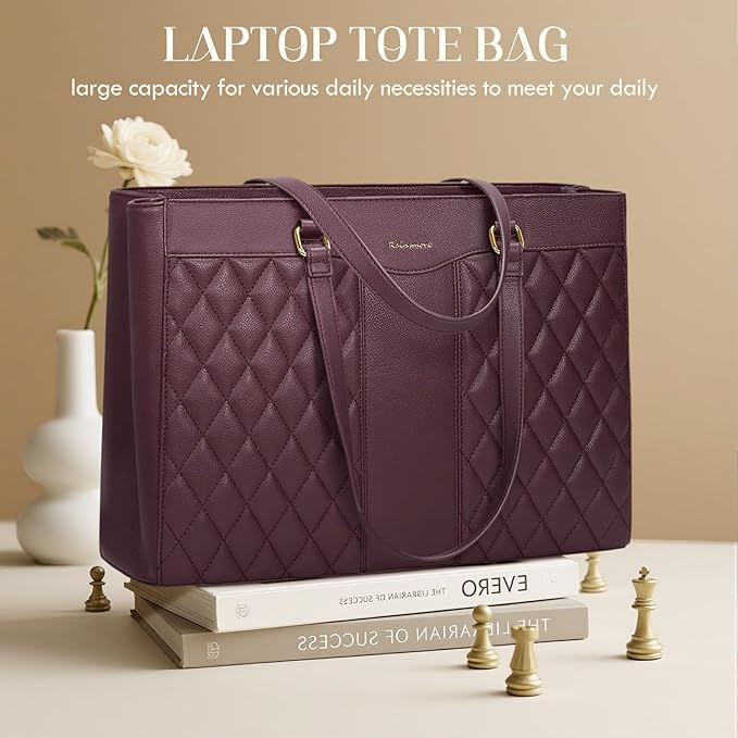 RAINSMORE Laptop Bag for Women 15.6 Inch Work Tote Bags Leather Laptop Tote Professional Laptop Purse Computer Handbag Womens Briefcase Tote with Clutch for Teacher Office Travel, Dark Purple