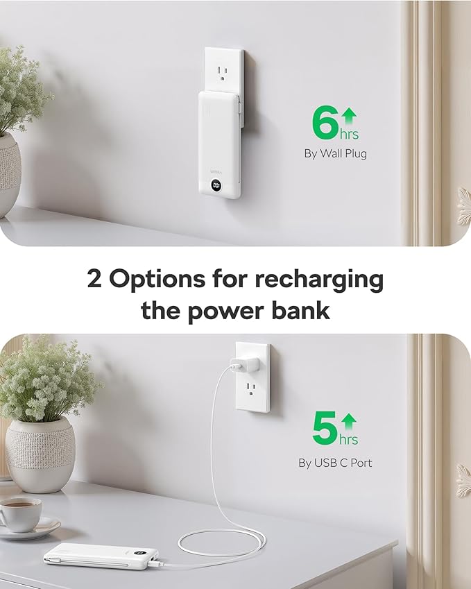 VEGER All in One Travel Portable Charger with Built-in AC Plug & Cables, 10000mAh Slim Power Bank Battery Pack, 15W Fast Charging Compatible with iPhone, Samsung, Android-Black