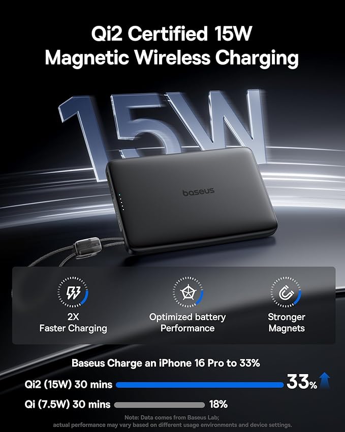 Baseus Picogo Qi2 15W Magsafe Portable Charger, 0.5" Ultra Slim 10000mAh Wireless Power Bank with 27W Built-in USB-C Cable, Magnetic Battery Pack for iPhone 17 Pro Max/17 Pro/Air/16/15/14/13/12