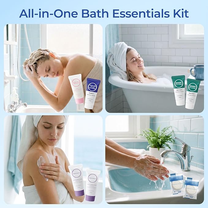 Individually Wrapped Toiletries Set Bulk, Travel Size 0.7 Fl oz Mini Body Wash Body Lotion Shampoo 2-in-1 Hair Wash & Conditioner 0.53 oz Bars Soap Toiletry Amenities for Hotel/Homeless (Pack of 100)