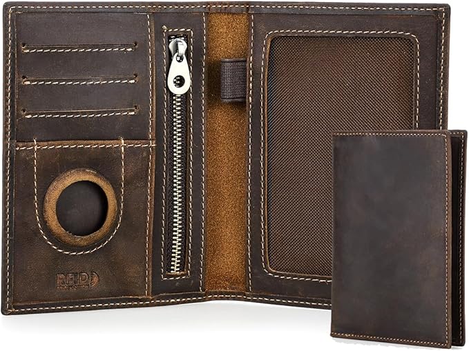 CONTACTS Full Grain Leather Passport Holder RFID Blocking Travel Passport Wallet Compatible with Airtag Passport Case Handmade with 4 Cards Slots, Coin Pocket (Brown)