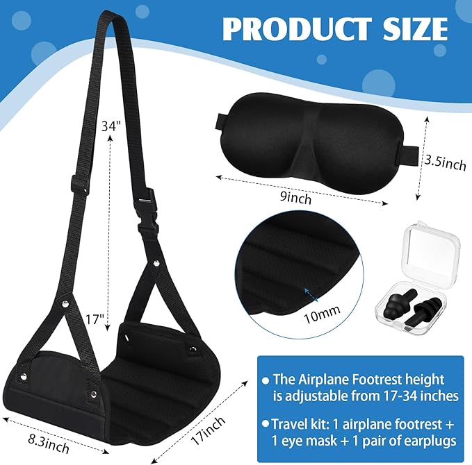 Yerliker Airplane Foot Hammock(Memory Foam) with Earplugs and Eye Mask Travel Necessities Adjustable Airplane Desk Foot Rest for Long Trip Pain and Swelling Relief(Black)