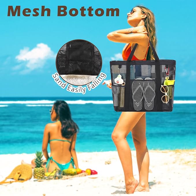Fammart Mesh Beach Bag with Zipper, Large Beach Tote for Women, Toys Pool Swim Bag Travel Vacation Cruise Essentials