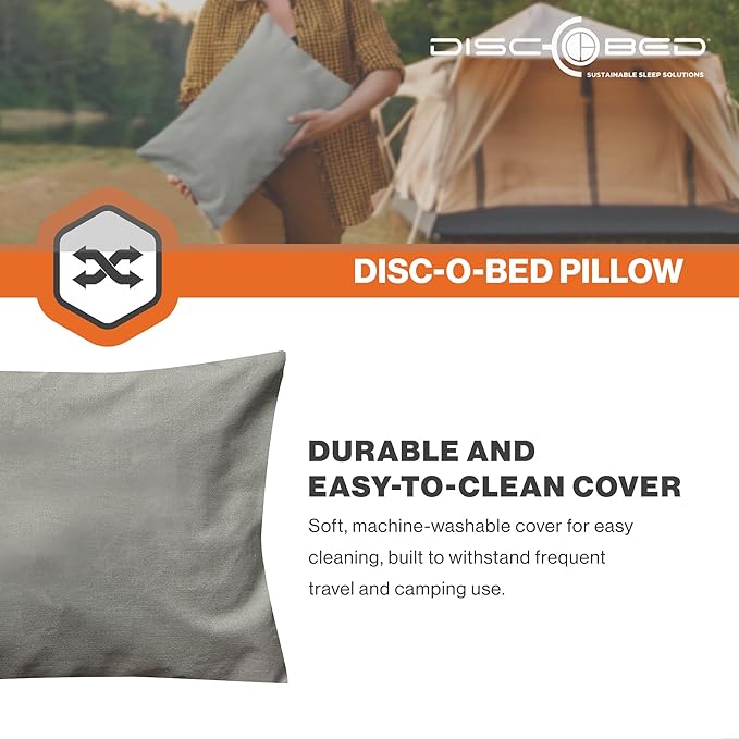 Disc-O-Bed Compact and Packable Travel Pillow with Washable Cover, Ultralight for Backpacking, Hiking, and Camping, Grey