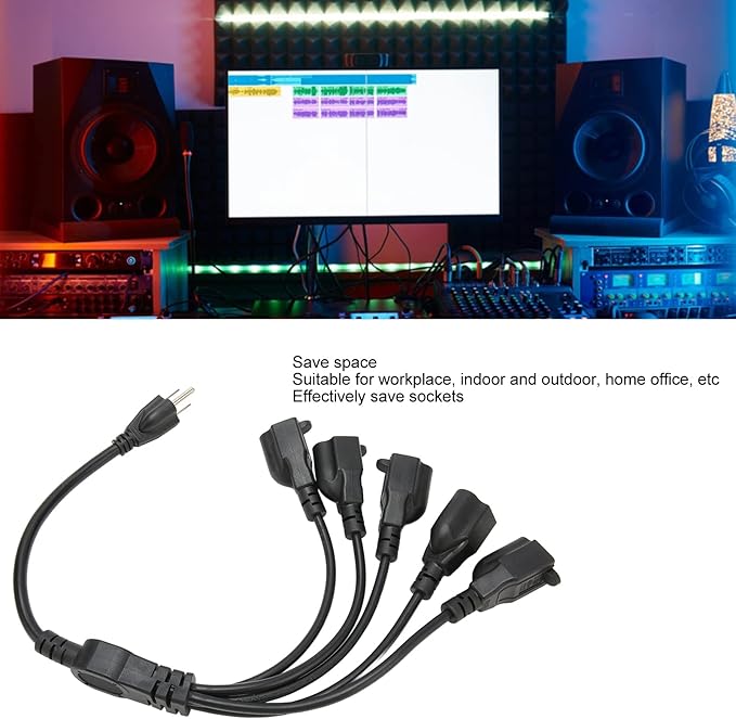 Extension Cord Splitter, 3 Prong 1 to 5 Outlet Splitter, 16AWG 18AWG 5 Way Outdoor Outlet Extender for Computer LED Stage Light