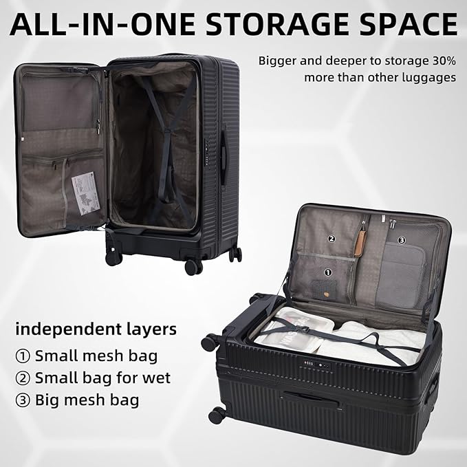 Kaleenie 2 pieces 20/29 Aluminum Frame Carry On and Checked Luggage Set with Side Opening, Lightweight Hardshell ABS+PC Trunk Suitcase with TSA Lock, 360° Universal Wheels & Adjustable Handle, Black