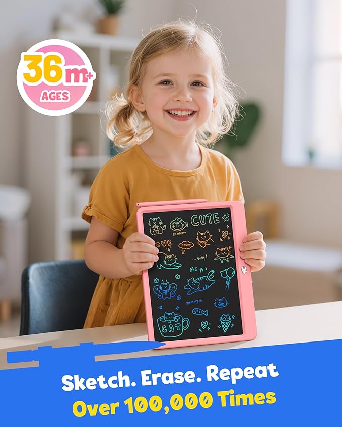 TEKFUN 12 Inch LCD Writing Tablet for Kids, Coloring Drawing Pad, Mess Free Doodle Board, Airplane Travel Toys for Boys and Toddlers, Road Trip Essentials, Gifts for 3 4 5 6 7 8 Year Old Girls(Pink)