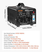 VEVOR Voltage Converter Transformer, 1500VA, Heavy Duty Step Up/Down Power Transformer, Convert from 110V to 220V and 220V to 110V, with EU Outlets, US Outlets, Power Cord, Circuit Breaker Protection