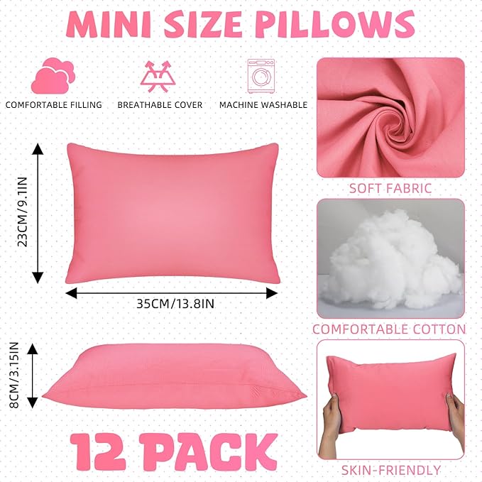 Kigley 12 Pack Mini Pillows for Daycare 9.1 x 13.8'' Small Travel Pillow Bulk Soft Breathable Cotton Pillow for Nap Travel Pet Neck Lumbar Purse Insert(Pink)