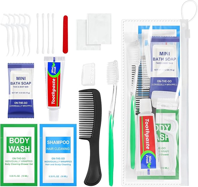 5 Sets Personal Hygiene Kit Bulk,10-IN-1 Green Individually Wrapped Disposable Travel Toothbrushes and Hotel Vanity Set Basic Toiletry Supplies for Homeless,Guests,Charity