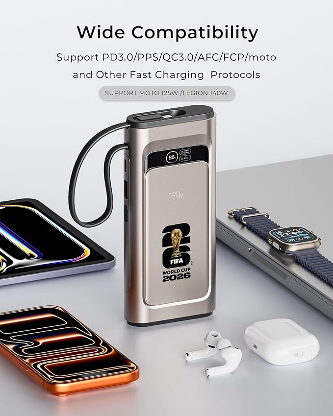 2026 FIFA Licensed 190W 20000mAh Power Bank for Laptop Portable Charger,3-Port USB-C Fast Charging Battery Pack with Built-in Retractable Cables for MacBook,Cell Phones,iPhone 17,iPad,Android,Samsung