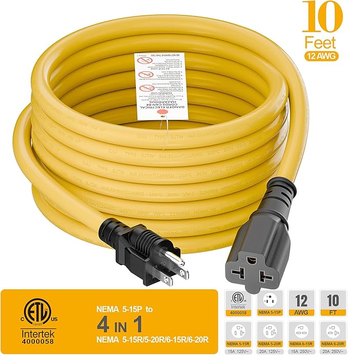[10-Feet] NEMA 5-15P to 5-15R/ 5-20R/ 6-15R/ 6-20R AC Adapter, Plugrand 12AWG 15 Amp Household AC Plug to 20 Amp T Blade Adapter Cable, 15A 125V to 20A 250V Extension Cable, 10FT