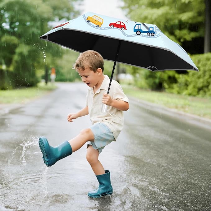 Kids Folding Umbrella Auto Open/Close Umbrellas for Rain Round Corner Safe Design UV Resistant Automatic Children Travel Umbrellas Reinforced Canopy 360° Reflective Strip Lightweight for Girls & Boys