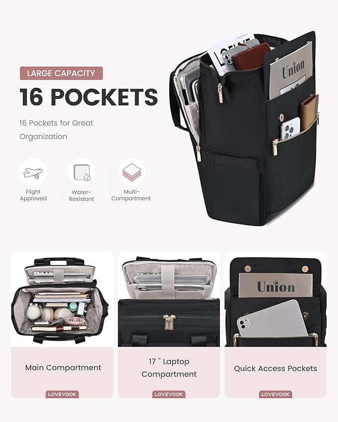 LOVEVOOK 17.3 Inch Laptop Backpack for Women, Large Capacity Travel Backpack with Organizer Bag, Waterproof Carry on Backpack Work Bag with USB Port, Teacher Nurse Backpack Purse, 2PCS