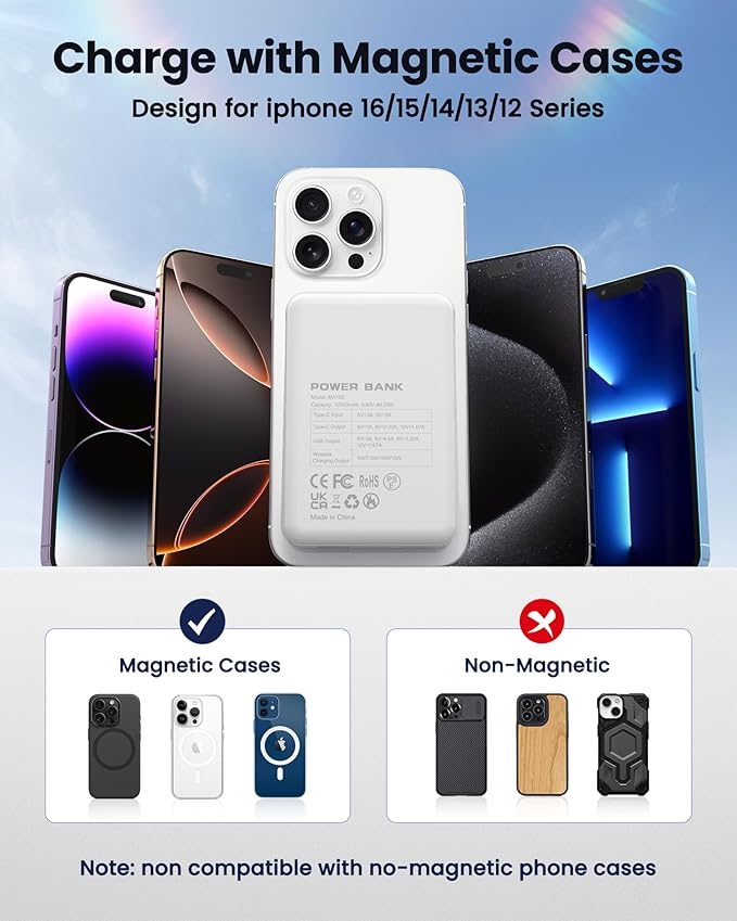 Magnetic Portable Charger Power Bank 12000mAh MagSafe Compatible Battery Pack 22.5W USB C Fast Charging Wireless Battery Pack Phone Charger for iPhone 17/16/15/14/13/12 All Series White