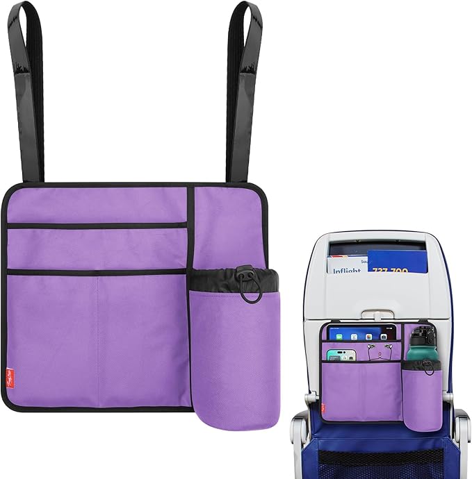 Airplane Seat Back Organizer & Storage, Airplane Tray Table Cover for Personal Items, Airline Seat Hanging Pockets Media Pouch,Reusable Travel Essentials,Fits Tablets,Cell Phone,Water Bottle (Purple)
