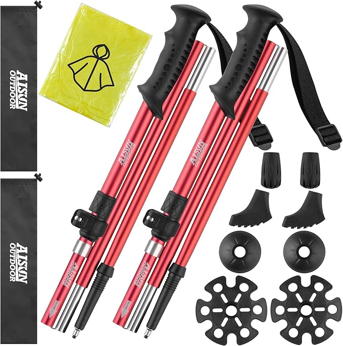 AISUNOURDOOR Lightweight Adjustable Trekking Poles, Aluminum Collapsible Travel Hiking or Walking Sticks for Women Children, with One Disposable Raincoat