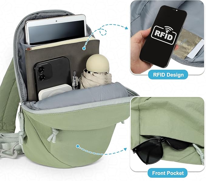 Small Sling Bag with RFID Blocking, Mini Fanny Pack for Women Men, Convertible Crossbody Anti Theft Chest Bag for Travel Hiking Running, Light Green
