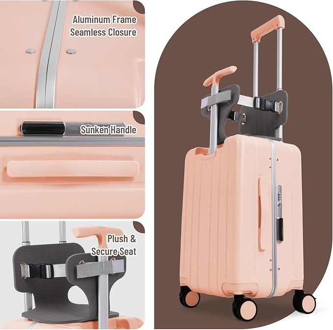 Apelila 20" Ride-On Suitcase with Seat, Double Handle Carry On Luggage with Mesh Pocket & Side Hooks, Hard Shell Spinner Wheels, TSA Lock & Seat Belt