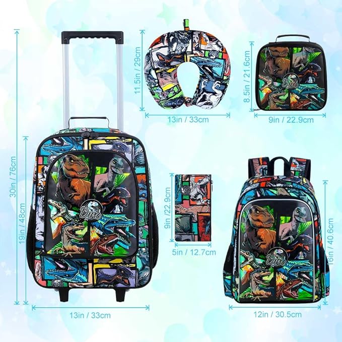 5Pcs Kids Luggage for Boys, Dinosaur Rolling Travel Carry on Suitcase for Toddler Children with Wheels(Black)