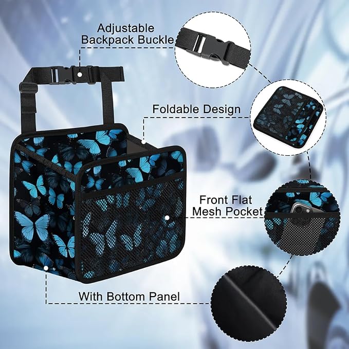 Car Backseat Organizer, PU Leather Back of Seat Cars Hanging Organizer with Pockets Leakproof Car Garbage Bag Hanging Cars Seat Storage Box Travel Accessories Foldable (Blue Butterfly)