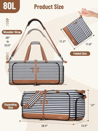Lekesky Foldable Travel Duffle Bag for Women, 80L Large Duffel Bag with Separate Shoes Compartments & Straps, Carry On Weekend Bag for Women, Hospital, Overnight (Blue Stripes)
