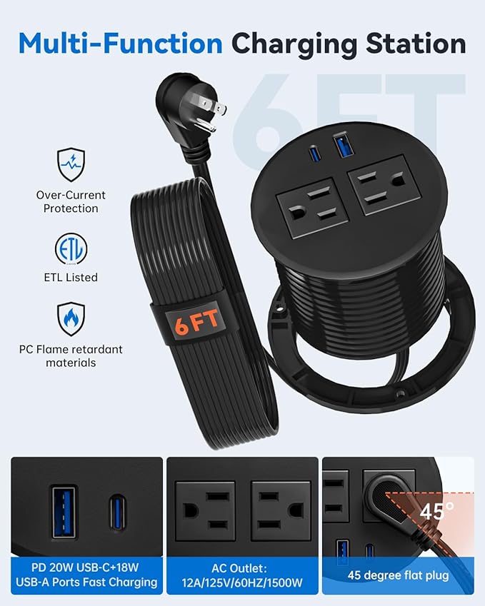 Desktop Power Grommet with 20W USB C Fast Charging, 3 inch Flush-Mount Recessed Power Strip for Desk,Office Tables,Furniture, Recessed Outlet 6FT Cord, 45° Thin Flat Plug, 2 USB Ports, Black