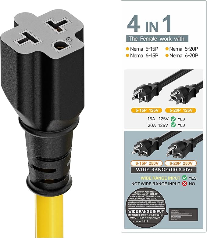 [4-in-1] 12AWG 15 Amp Household AC Plug to 20 Amp T Blade Adapter Cable, NEMA 5-15P to 5-15R/ 5-20R/ 6-15R/ 6-20R, 4 in 1 AC Adapter,15A 125V to 20A 250V Extension Cable, 1FT