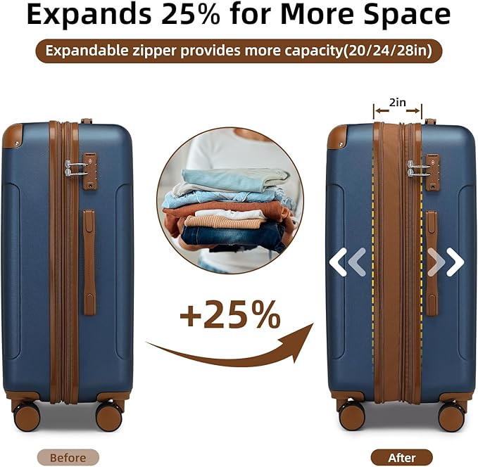 6 Piece Luggage Sets with Bags, Lightweight Expandable Checked Luggage Sets, Hardshell ABS Spinner Wheels Carry on Suitcase with TSA Lock, for Travel, Women Men (Navy Blue, 18/20/24/28inch+2bags)