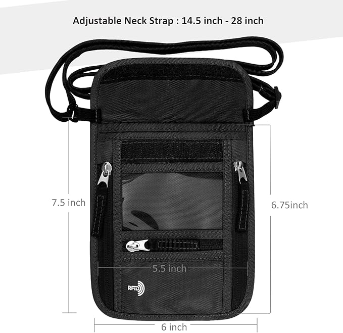 WALNEW Passport Holder Neck Pouch Travel Wallet for Women and Men, RFID Blocking Security Slim Traveling Wallet with Around Neck Lanyard Strap, Black