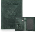 CONTACTS Full Grain Leather Passport Holder RFID Blocking Travel Passport Wallet Compatible with Airtag Passport Cover Case with 4 Card Slots, Coin Pocket (Badge, Green)