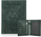 CONTACTS Full Grain Leather Passport Holder RFID Blocking Travel Passport Wallet Compatible with Airtag Passport Cover Case with 4 Card Slots, Coin Pocket (Badge, Green)