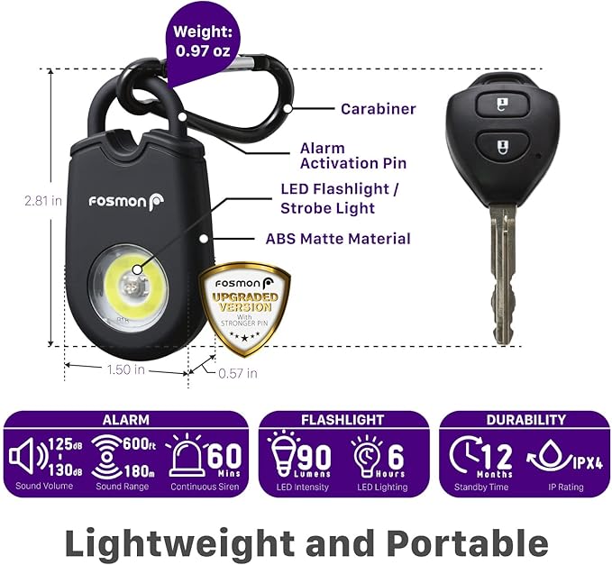 Fosmon Personal Alarm for Women, Self Defense Protection Keychain Safety Sound Siren 125DB with Strobe Light LED Flashlight Carabiner, SOS Emergency Security Alert Device for Kids Teenager Elderly Men