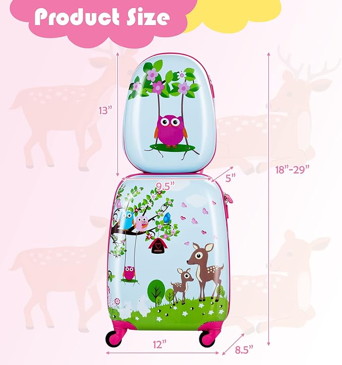 BABY JOY 2 PC Kids Luggage, 16" Toddlers Carry-on Suitcase & 12” Backpack Set, Children Travelling Case w/ 4 Casters & Retractable Handle, Lightweight Trolley Case for Boys & Girls (Deer)